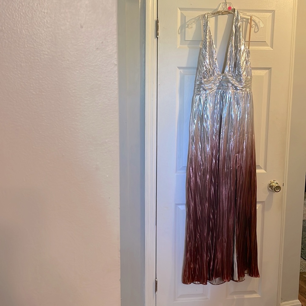 Halter VNeck Silver and Rose Gold pleated dress